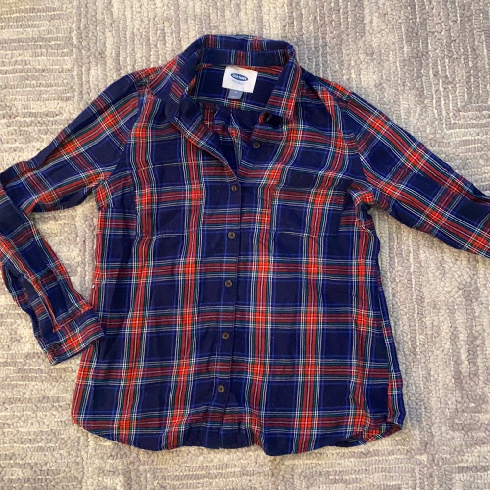 Flannel top, indigo blue , with red and green plaid detailing